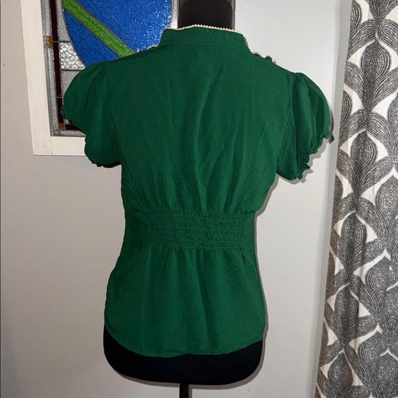 Odille Vintage Y2K Kelly Green Ruffle Collar Short Sleeve Blouse SZ 4 - Picture 5 of 9